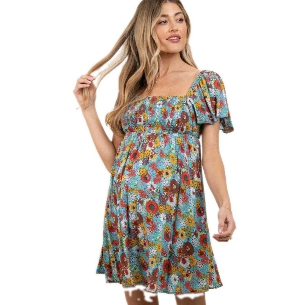 Listicle Light Blue Floral Smocked Flutter Sleeve Back Tie Maternity Dress Sz S